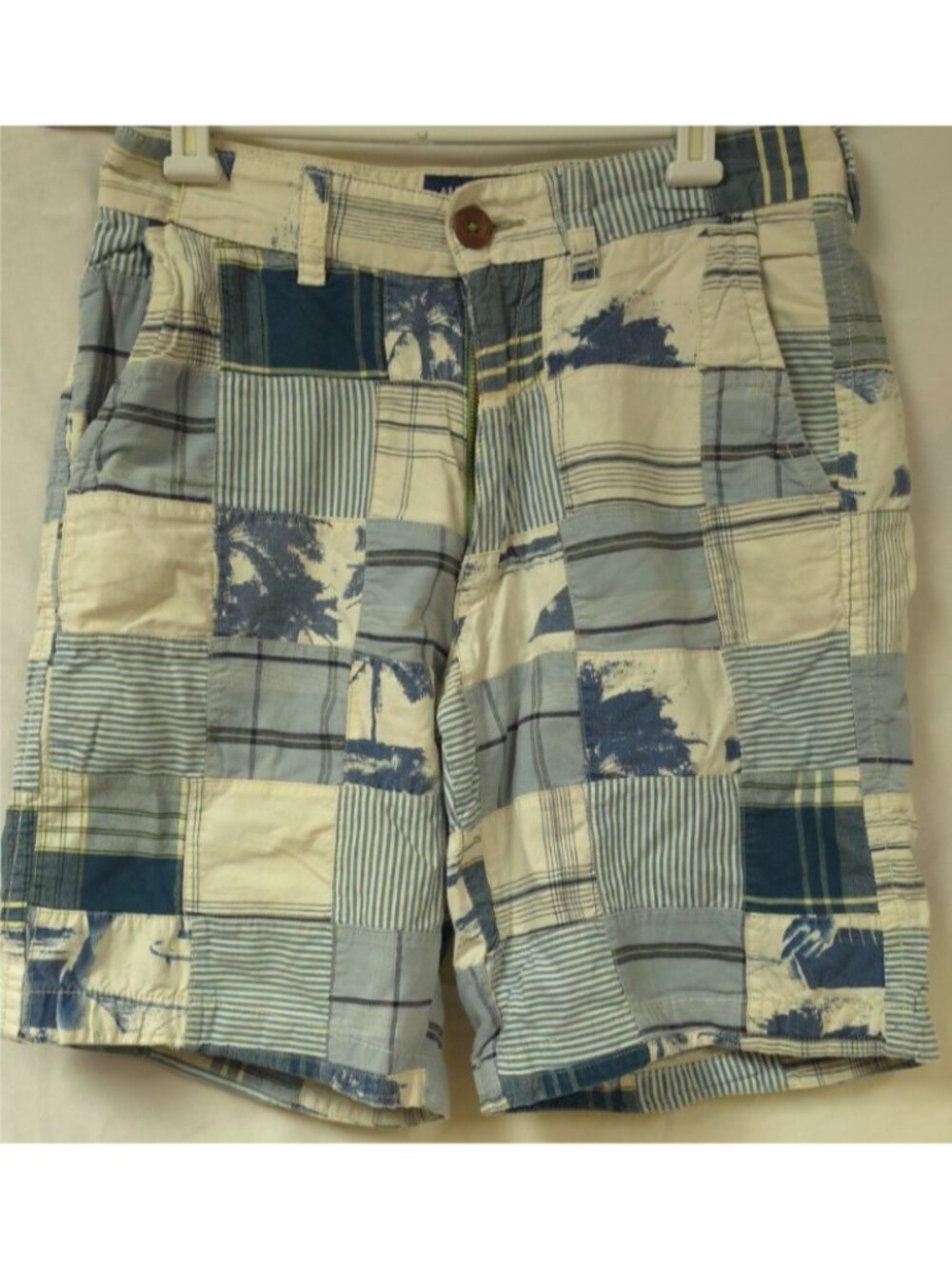 American Eagle Mens 28 Blue White Palmtrees Patchwork Logo Chino Khaki Shorts